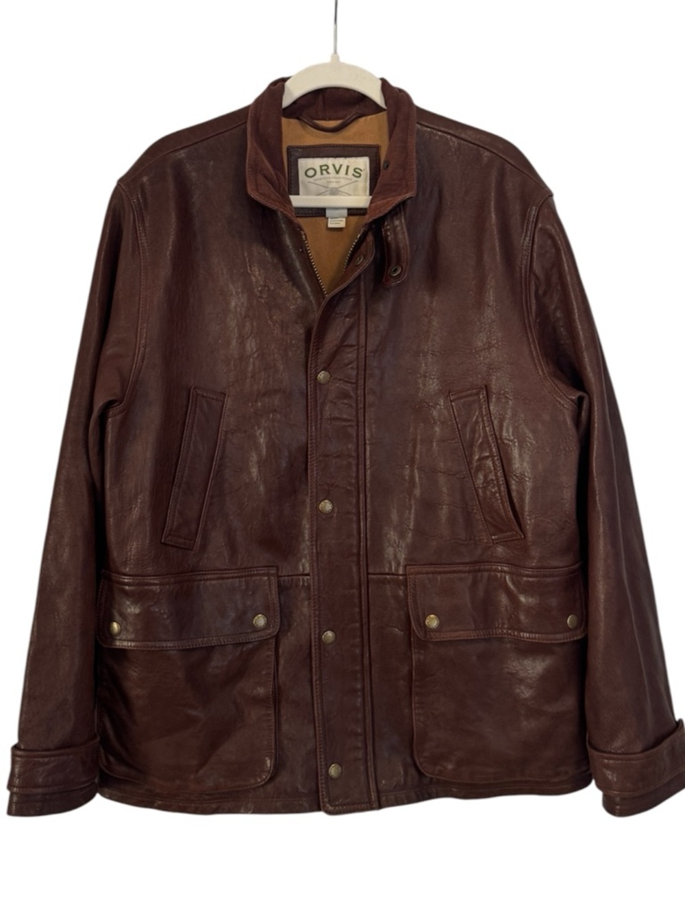 Orvis Brown Lambskin Leather Barn Jacket Cotton Lining Corduroy Collar Medium M
